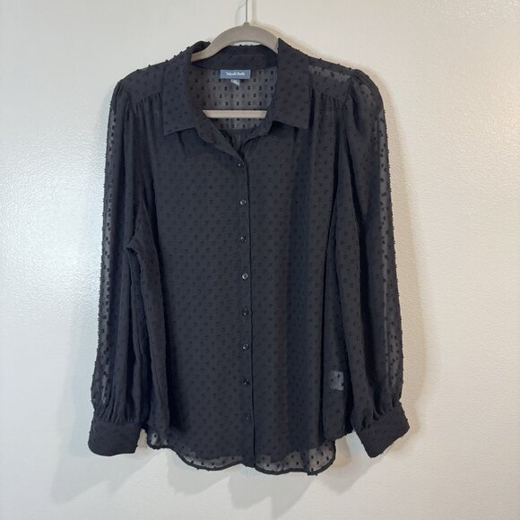 Modcloth Blouse Shirt 1X Button Front Swiss Dot Black Sheer Chiffon Goth Pinup - Picture 1 of 10